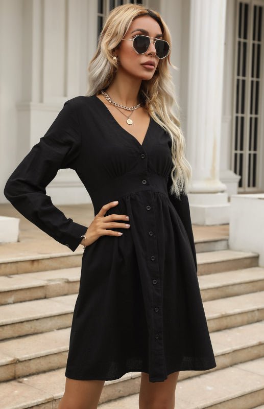 Black V - Neck Cotton Linen Dress - ElegantAlpha