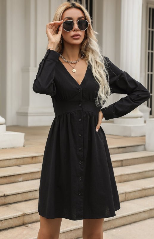 Black V - Neck Cotton Linen Dress - ElegantAlpha