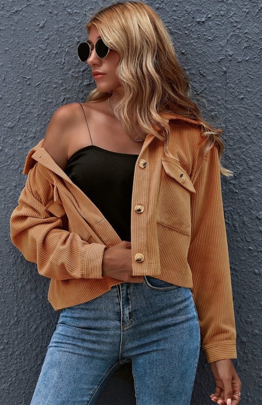 Button Up Cropped Corduroy Jacket - ElegantAlpha®