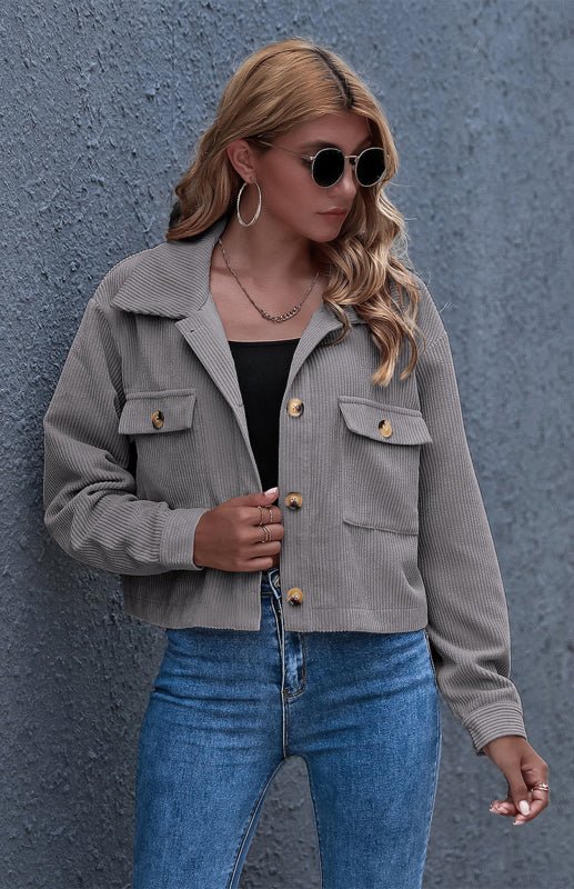 Button Up Cropped Corduroy Jacket - ElegantAlpha®