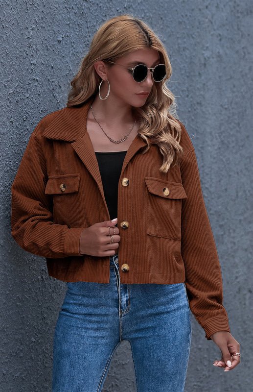 Button Up Cropped Corduroy Jacket - ElegantAlpha®