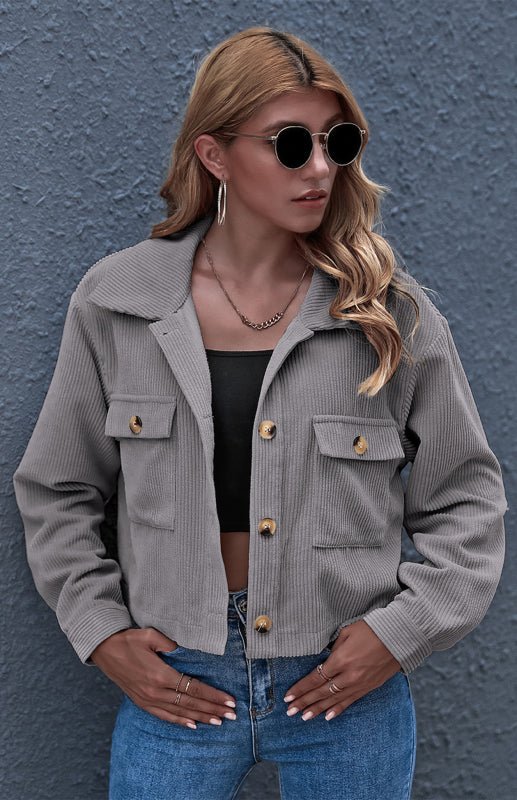 Button Up Cropped Corduroy Jacket - ElegantAlpha®