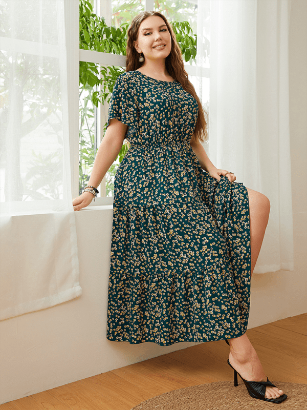 Casual round neck printed waist dress - ElegantAlpha