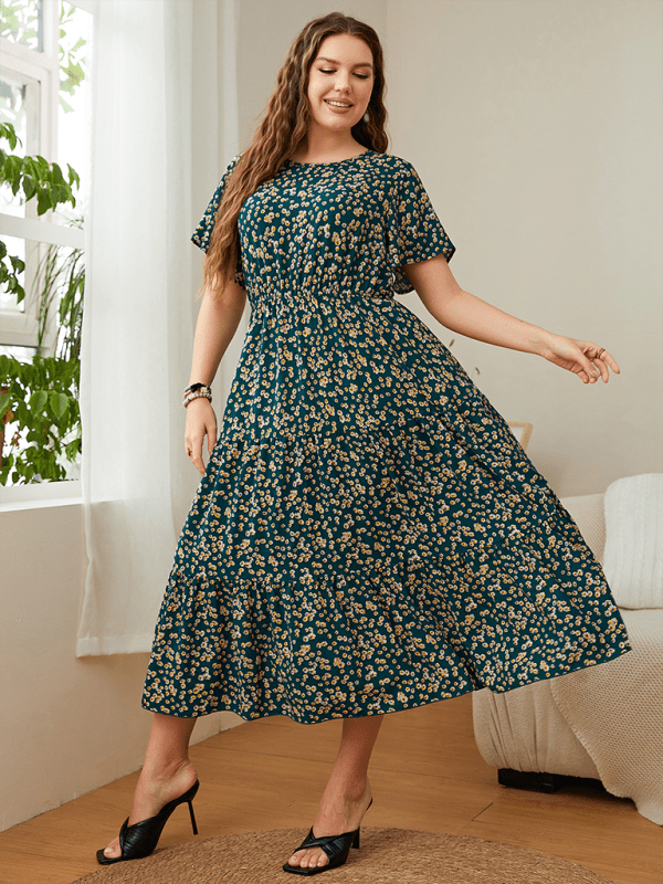 Casual round neck printed waist dress - ElegantAlpha