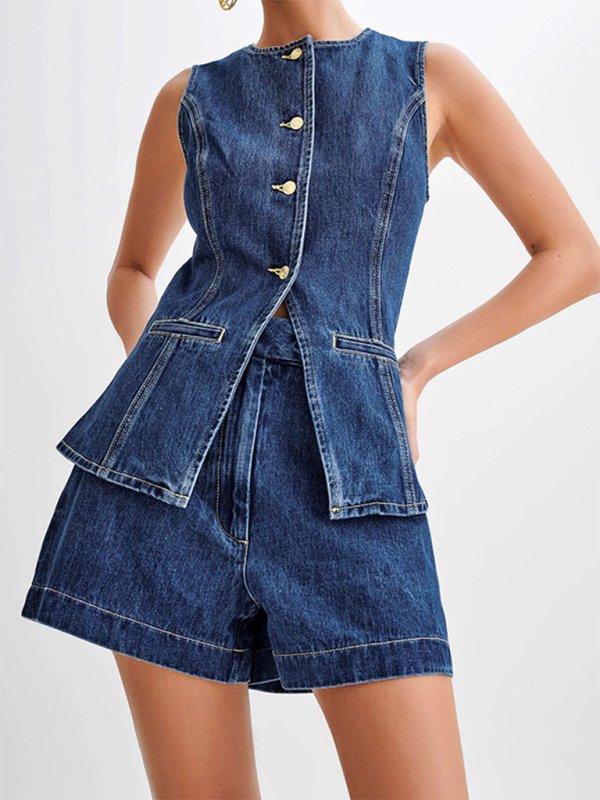 Casual Sleeveless High Waist Denim Shorts Set - ElegantAlpha®