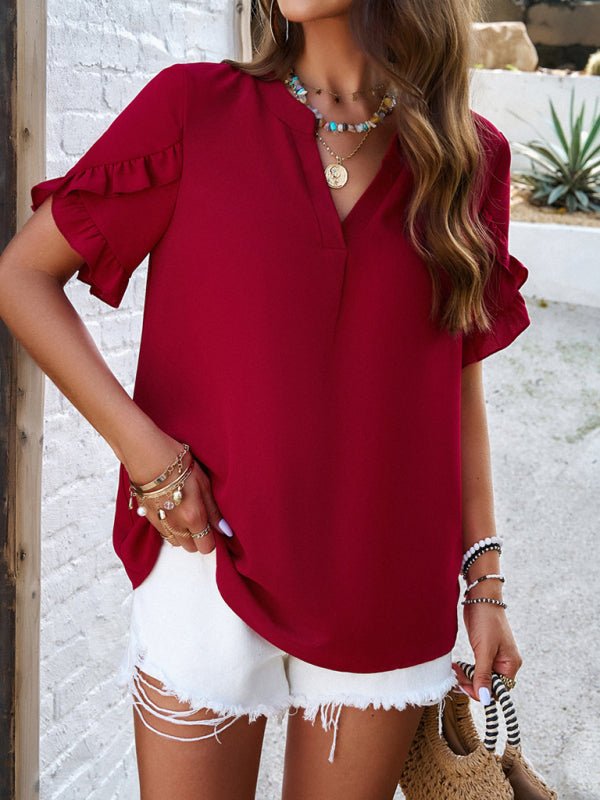 Casual solid color V-neck short-sleeved top - ElegantAlpha®