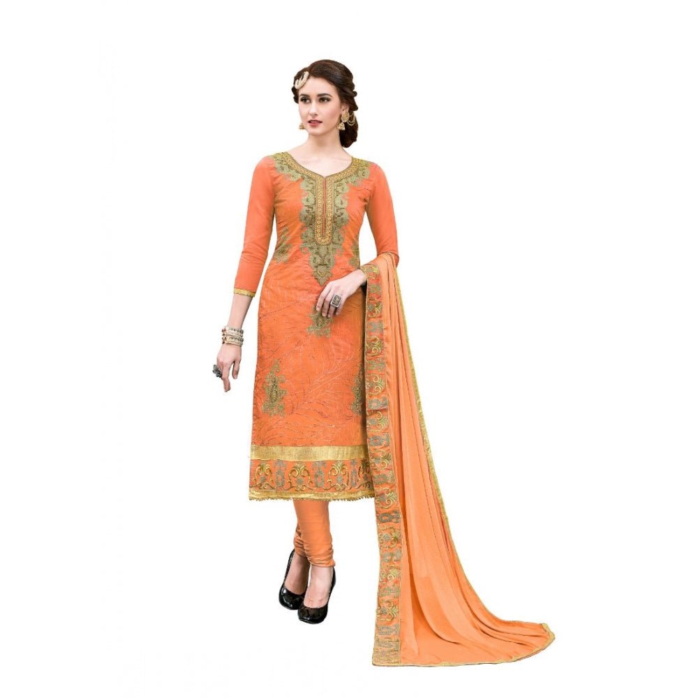 Chanderi Cotton Unstitched Salwar - Suit Material With Dupatta (Oranage, 2 - 2.5mtrs) - ElegantAlpha