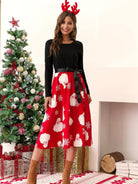 Christmas Print Panel Belt Swing Dress - ElegantAlpha®