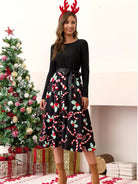 Christmas Print Panel Belt Swing Dress - ElegantAlpha®