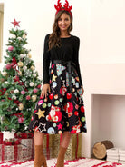 Christmas Print Panel Belt Swing Dress - ElegantAlpha®