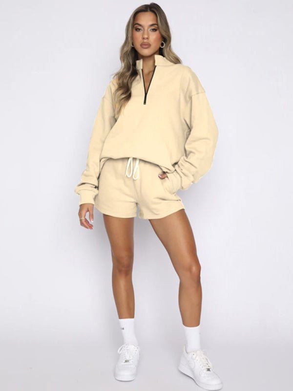 Collar Zipper Pullover Long Sleeve Sweatshirt Shorts Set - ElegantAlpha®