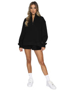 Collar Zipper Pullover Long Sleeve Sweatshirt Shorts Set - ElegantAlpha®