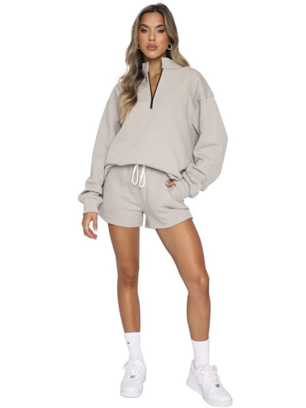 Collar Zipper Pullover Long Sleeve Sweatshirt Shorts Set - ElegantAlpha®