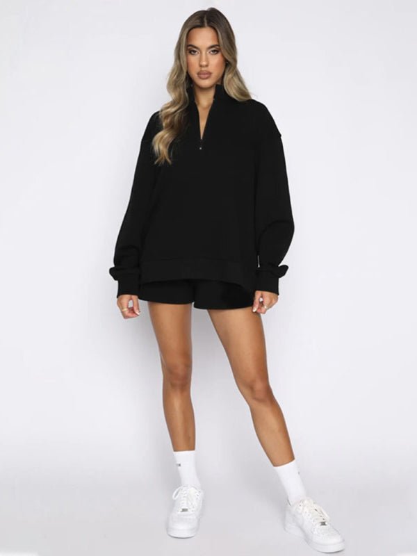 Collar Zipper Pullover Long Sleeve Sweatshirt Shorts Set - ElegantAlpha®