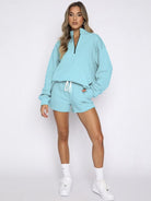 Collar Zipper Pullover Long Sleeve Sweatshirt Shorts Set - ElegantAlpha®