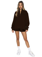 Collar Zipper Pullover Long Sleeve Sweatshirt Shorts Set - ElegantAlpha®