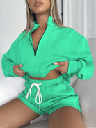 Collar Zipper Pullover Long Sleeve Sweatshirt Shorts Set - ElegantAlpha®