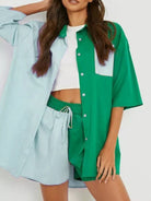 Colorblock Shirt Top + Elastic Waist Shorts Two - piece Set - ElegantAlpha®