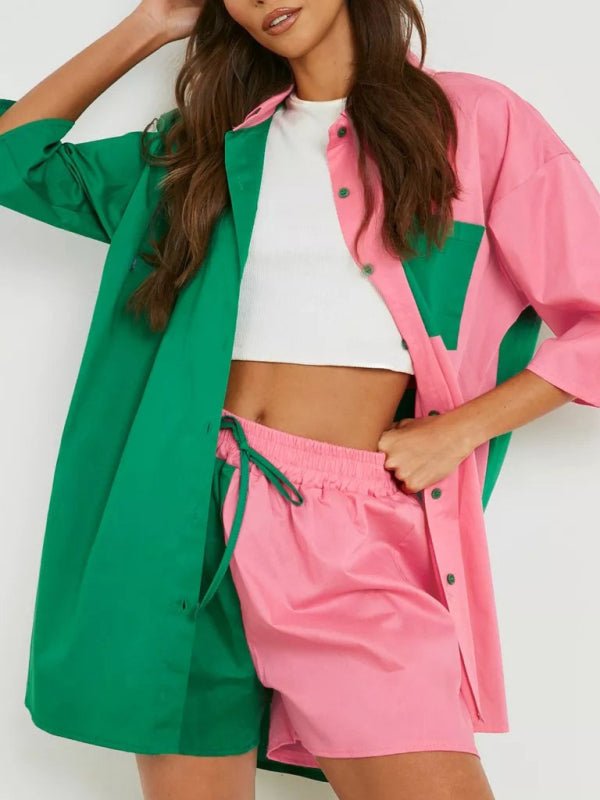 Colorblock Shirt Top + Elastic Waist Shorts Two - piece Set - ElegantAlpha®