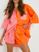 Colorblock Shirt Top + Elastic Waist Shorts Two - piece Set - ElegantAlpha®