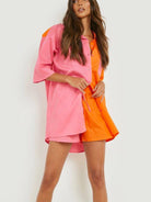 Colorblock Shirt Top + Elastic Waist Shorts Two - piece Set - ElegantAlpha®