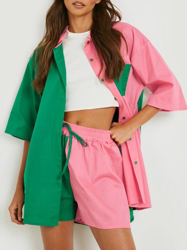 Colorblock Shirt Top + Elastic Waist Shorts Two - piece Set - ElegantAlpha®