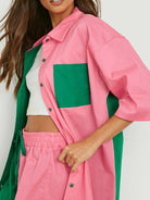 Colorblock Shirt Top + Elastic Waist Shorts Two - piece Set - ElegantAlpha®