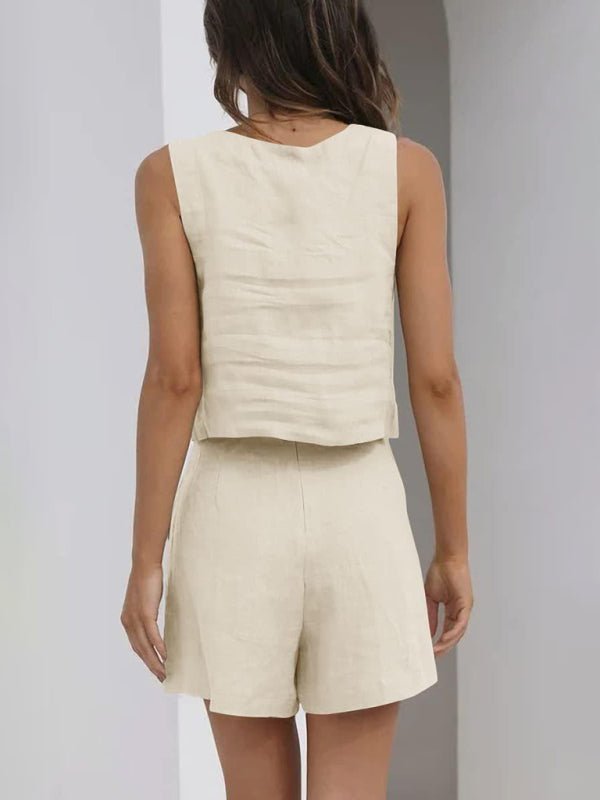 Cotton Linen Sleeveless Square Neck Top + Shorts Two - Piece Set - ElegantAlpha®