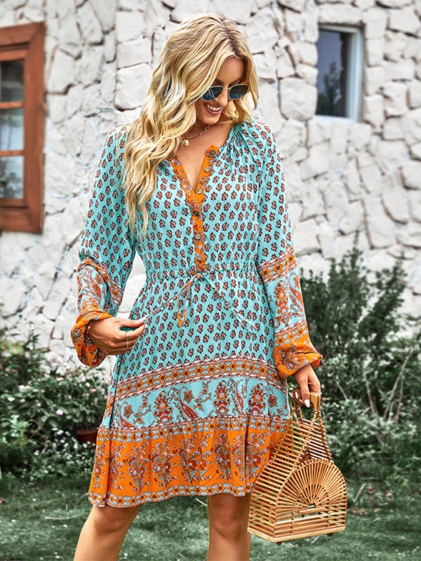 Crew Neck long sleeve Boho Print Dress - ElegantAlpha®