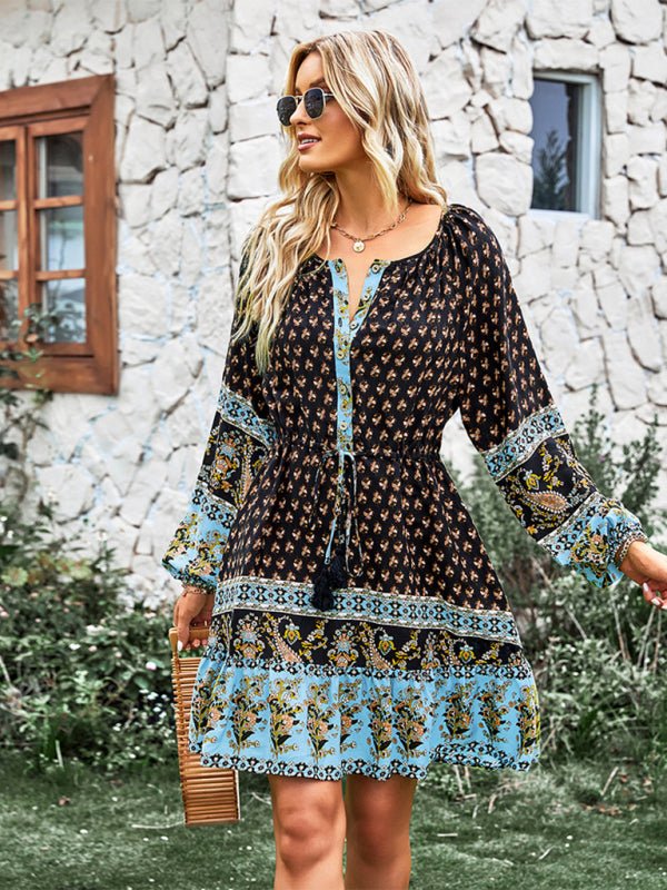 Crew Neck long sleeve Boho Print Dress - ElegantAlpha®