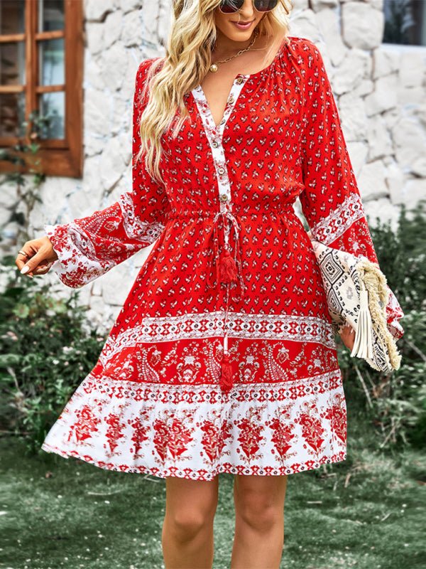 Crew Neck long sleeve Boho Print Dress - ElegantAlpha®