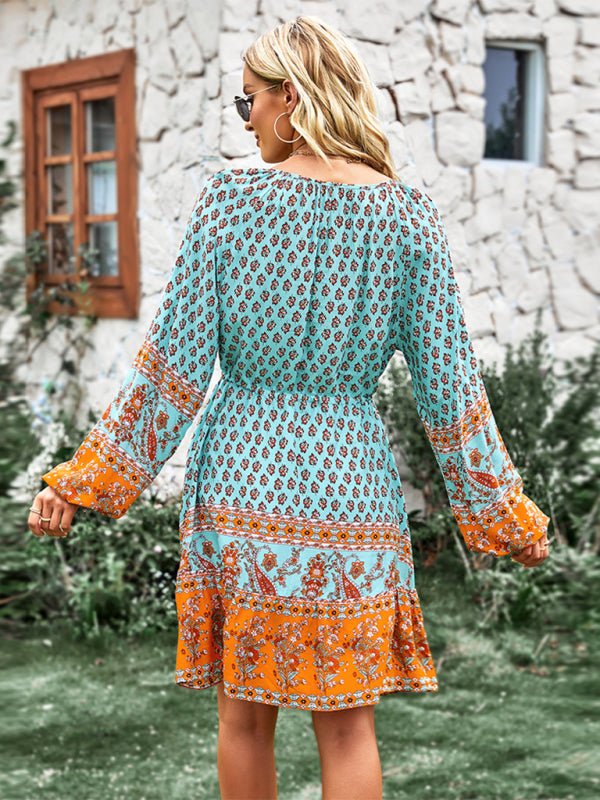 Crew Neck long sleeve Boho Print Dress - ElegantAlpha®