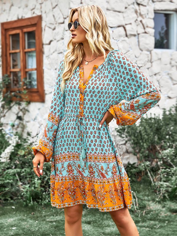 Crew Neck long sleeve Boho Print Dress - ElegantAlpha®