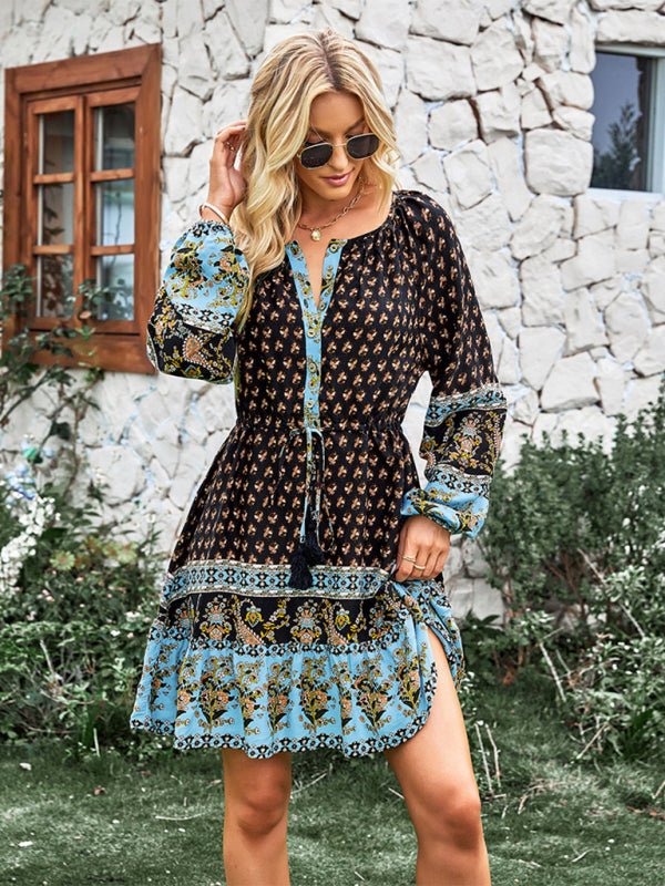 Crew Neck long sleeve Boho Print Dress - ElegantAlpha®