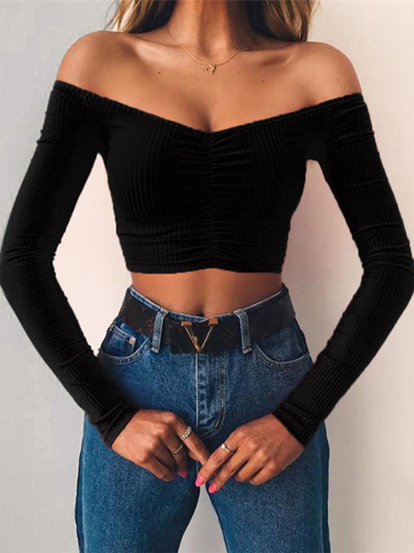 Cropped slim - fit off - shoulder long - sleeved top - ElegantAlpha®