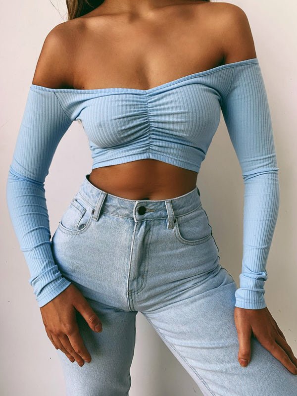 Cropped slim - fit off - shoulder long - sleeved top - ElegantAlpha®