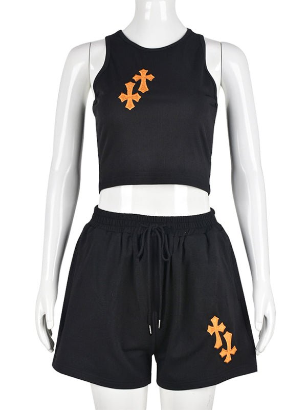 Cross - embroidered navel vest + shorts two - piece sets - ElegantAlpha®