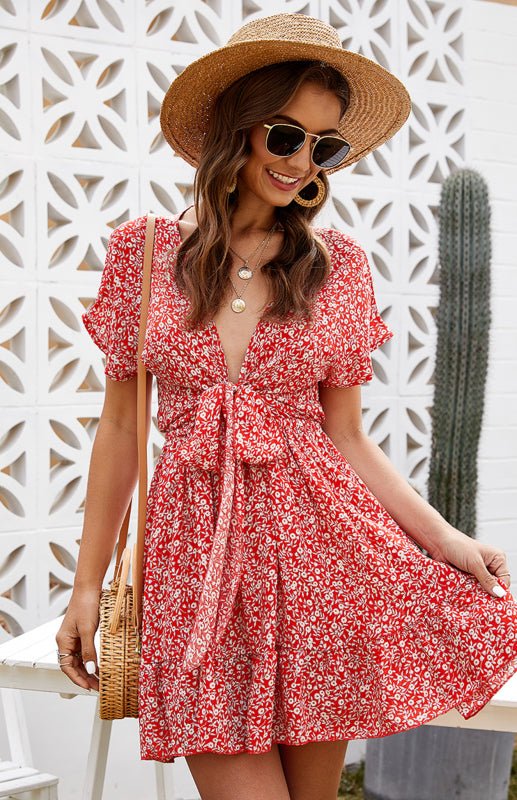 Deep V Ruffle Floral Spring Dress - ElegantAlpha