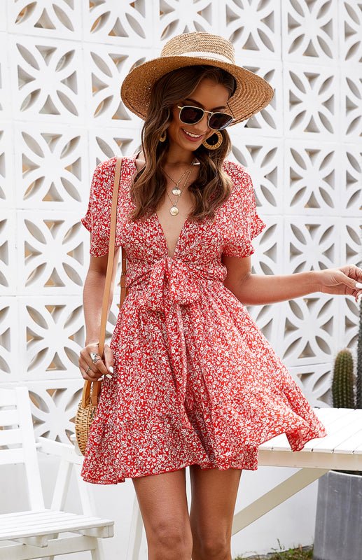 Deep V Ruffle Floral Spring Dress - ElegantAlpha