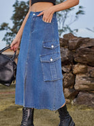 Elastic Waist Denim Cargo Midi Skirt - ElegantAlpha®