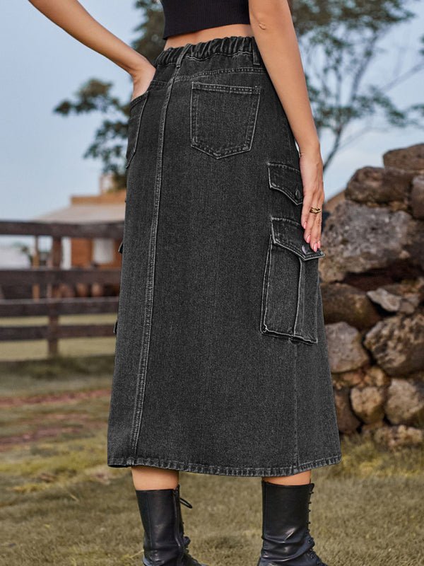 Elastic Waist Denim Cargo Midi Skirt - ElegantAlpha®