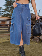 Elastic Waist Denim Cargo Midi Skirt - ElegantAlpha®