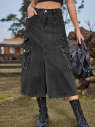 Elastic Waist Denim Cargo Midi Skirt - ElegantAlpha®