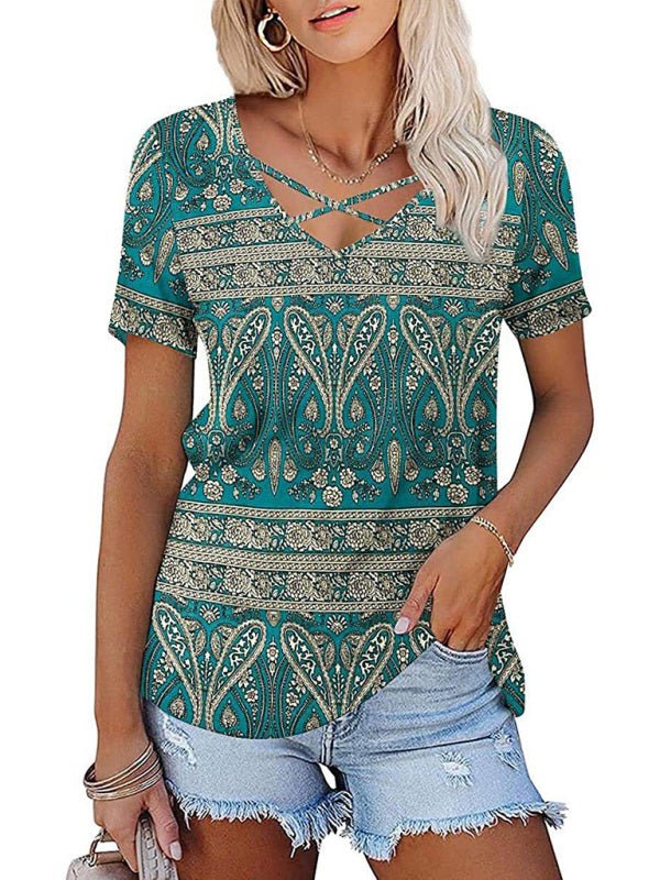 Ethnic style V - neck short - sleeved T - shirt - ElegantAlpha®