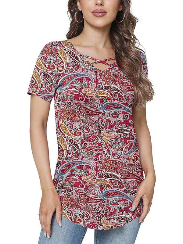 Ethnic style V - neck short - sleeved T - shirt - ElegantAlpha®