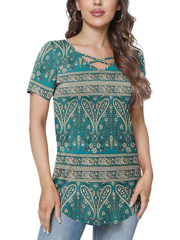 Ethnic style V - neck short - sleeved T - shirt - ElegantAlpha®