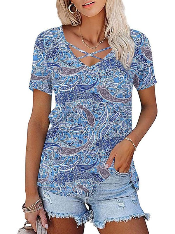 Ethnic style V - neck short - sleeved T - shirt - ElegantAlpha®