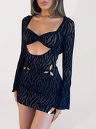 Flocked zebra print mesh long - sleeved dress - ElegantAlpha