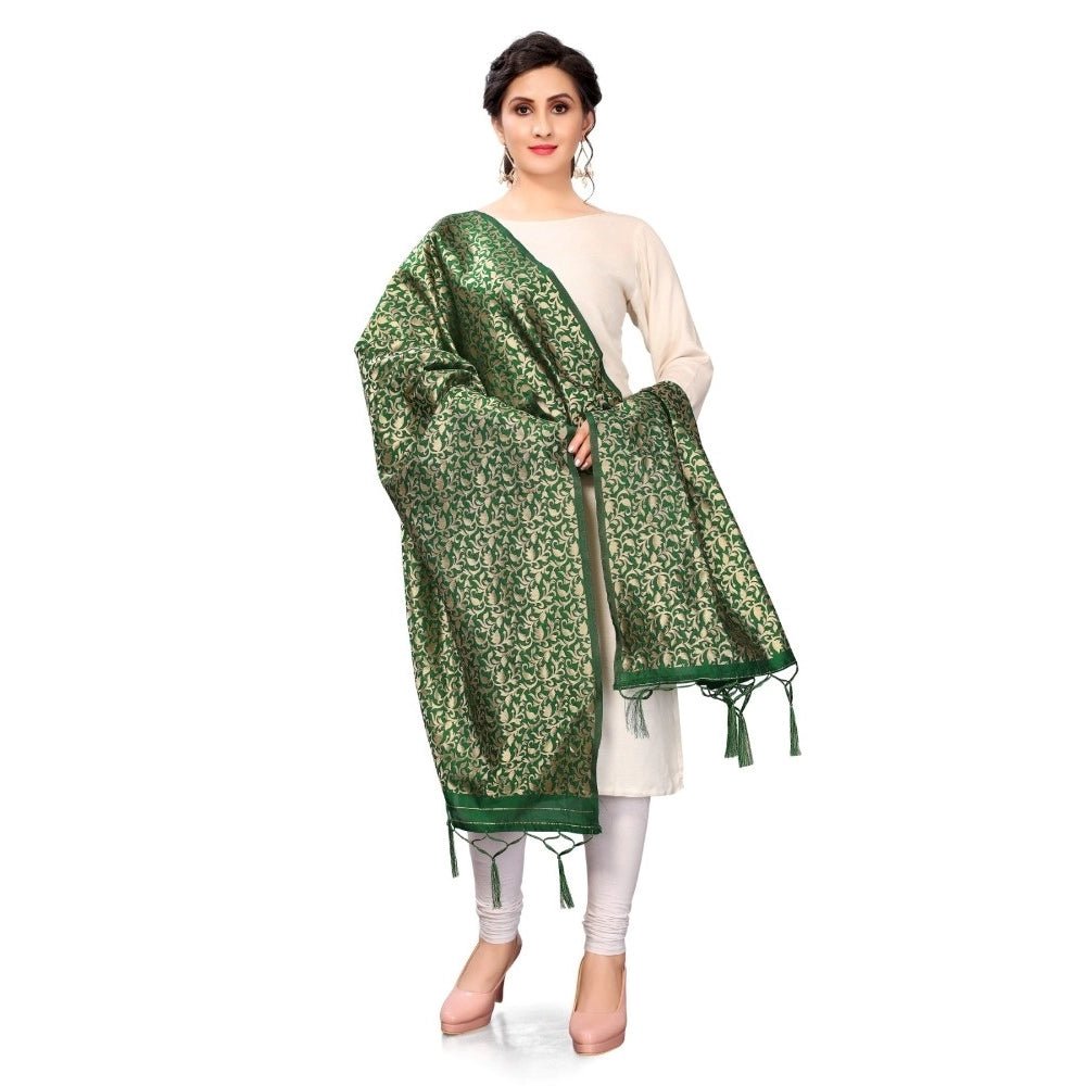 Generic Women's Silk Pure weaving Work Duppatta (Green, Length: 2 - 2.3 Mtrs) - ElegantAlpha