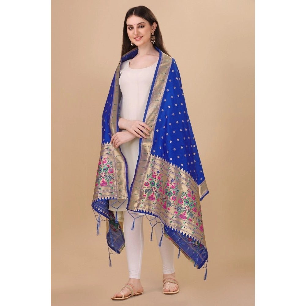 Generic Women's Silk Pure Zari weaving Duppatta (Blue, Length: 2 - 2.3 Mtrs) - ElegantAlpha